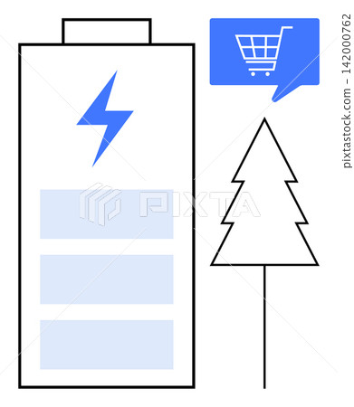 Renewable energy, sustainability, eco-commerce, green technology, electric power, environmental solutions. Stylized battery, tree and shopping cart in blue and white. Sustainability and eco-commerce Renewable energy, sustainability, eco-commerce, green technology, electric power, environmental solutions. Stylized battery, tree and shopping cart in blue and white. Sustainability and eco-commerce 142000762