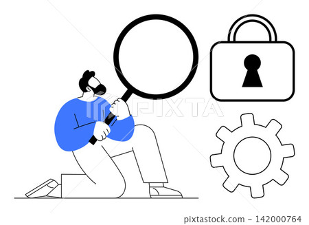 Data security, problem-solving, research, cybersecurity, investigation, process optimization. Man holding magnifying glass, gear and lock icon. Data security and problem-solving concept Data security, problem-solving, research, cybersecurity, investigation, process optimization. Man holding magnifying glass, gear and lock icon. Data security and problem-solving concept 142000764
