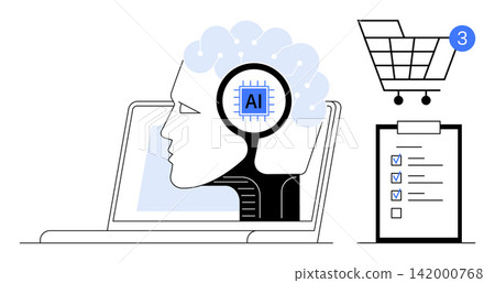 AI technology, e-commerce, digital shopping, automation, online purchases, data processing. Head with AI chip, shopping cart and checklist. AI technology and e-commerce development concepts AI technology, e-commerce, digital shopping, automation, online purchases, data processing. Head with AI chip, shopping cart and checklist. AI technology and e-commerce development concepts 142000768