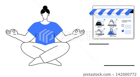 Mindfulness, e-commerce, digital balance, online store navigation, wellness technology, consumer behavior. A meditating person next to an online shopping webpage. Mindfulness and e-commerce Mindfulness, e-commerce, digital balance, online store navigation, wellness technology, consumer behavior. A meditating person next to an online shopping webpage. Mindfulness and e-commerce 142000772