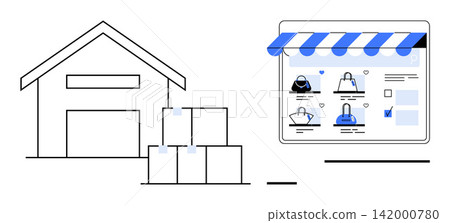 E-commerce, logistics, shipping, digital retail, product management, warehouse operations. Warehouse with stacked boxes and an online store page. E-commerce and logistics concept 142000780