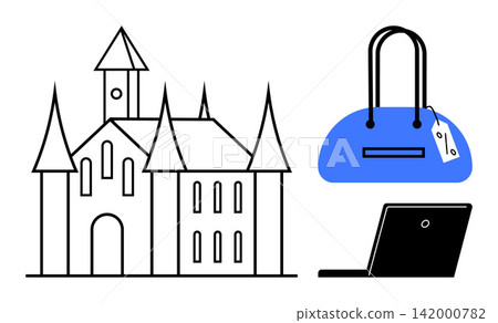 Online shopping, travel planning, e-commerce, architecture, retail, digital technology. A Gothic-style castle, a blue handbag with a price tag and a laptop. Online shopping and travel planning Online shopping, travel planning, e-commerce, architecture, retail, digital technology. A Gothic-style castle, a blue handbag with a price tag and a laptop. Online shopping and travel planning 142000782