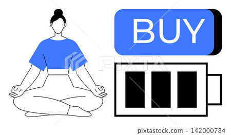 Mindfulness, balance, consumerism, stress management, wellness, decision-making. A woman meditating next to a battery icon and Buy button. Mindfulness and balance in daily consumer choices Mindfulness, balance, consumerism, stress management, wellness, decision-making. A woman meditating next to a battery icon and Buy button. Mindfulness and balance in daily consumer choices 142000784