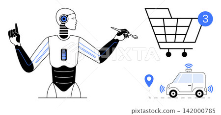 Artificial intelligence, e-commerce integration, autonomous vehicles, smart delivery, technology innovation, automation. Robot holding pen, cart with notification self-driving car. E-commerce Artificial intelligence, e-commerce integration, autonomous vehicles, smart delivery, technology innovation, automation. Robot holding pen, cart with notification self-driving car. E-commerce 142000785
