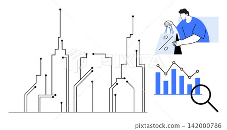 Smart city planning, data analysis, e-commerce trends, digital economy, consumer behavior, urban connectivity. Cityscape with circuits, a shopper graphs and a magnifying glass. Smart city and data Smart city planning, data analysis, e-commerce trends, digital economy, consumer behavior, urban connectivity. Cityscape with circuits, a shopper graphs and a magnifying glass. Smart city and data 142000786