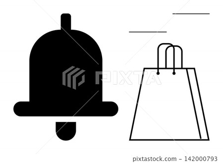 Notifications, e-commerce, online shopping, sales alerts, delivery systems, user experience. A black notification bell next to a shopping bag. Notifications and e-commerce Notifications, e-commerce, online shopping, sales alerts, delivery systems, user experience. A black notification bell next to a shopping bag. Notifications and e-commerce 142000793