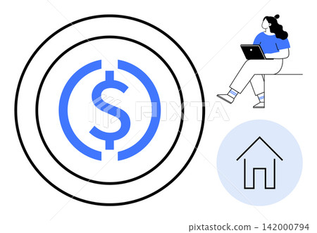 Finance, remote work, saving, investment, economy, home budgeting. Currency symbol inside concentric circles, a person with a laptop and a home icon. Finance and remote work illustration 142000794