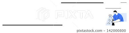 Online shopping, financial planning, budgeting, e-commerce, digital transactions, saving money habits. Man holding a dollar sign note illustration. Online shopping and financial planning concept 142000800