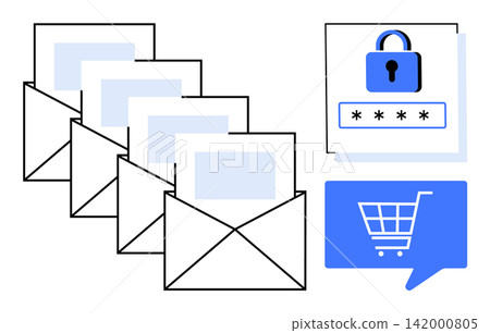 E-commerce security, online communication, data protection, email privacy, secure transactions, internet safety. Multiple envelopes, lock icon shopping cart symbol. E-commerce security and data E-commerce security, online communication, data protection, email privacy, secure transactions, internet safety. Multiple envelopes, lock icon shopping cart symbol. E-commerce security and data 142000805