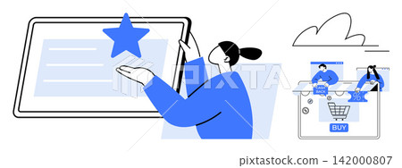 Customer experience, online reviews, e-commerce, digital ratings, online shopping, user interface. Person rating with a star and shopping scene. Customer experience and online reviews concept Customer experience, online reviews, e-commerce, digital ratings, online shopping, user interface. Person rating with a star and shopping scene. Customer experience and online reviews concept 142000807