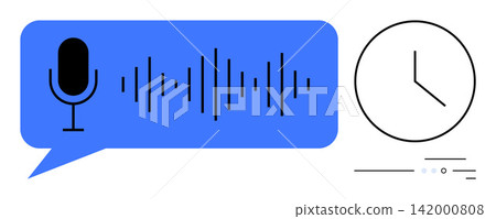 Speech recognition, transcription tools, time management, productivity, voice analysis, digital communication. Microphone with soundwaves and clock. Speech recognition and transcription tools 142000808