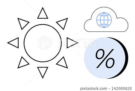 Weather forecasting, climate data, analytics, environmental monitoring, global warming, internet connectivity. Sun with triangular rays, cloud with globe percentage symbol. Weather forecasting 142000820