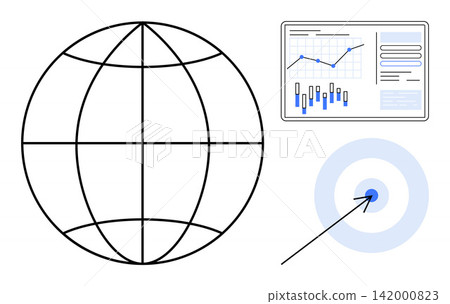 Data analytics, business strategy, global connection, market research, performance tracking, goal achievement. Globe, data chart and target symbol in clean style. Business strategy and data Data analytics, business strategy, global connection, market research, performance tracking, goal achievement. Globe, data chart and target symbol in clean style. Business strategy and data 142000823