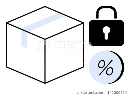 E-commerce, data security, delivery logistics, discount offers, online shopping, transaction security. A box, lock icon and percentage symbol focus on online safety and commerce. E-commerce and data E-commerce, data security, delivery logistics, discount offers, online shopping, transaction security. A box, lock icon and percentage symbol focus on online safety and commerce. E-commerce and data 142000824