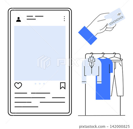 E-commerce, fashion selection, retail, digital payments, clothing store, social media shopping. Smartphone screen, payment card clothes on a rack. E-commerce and fashion selection E-commerce, fashion selection, retail, digital payments, clothing store, social media shopping. Smartphone screen, payment card clothes on a rack. E-commerce and fashion selection 142000825