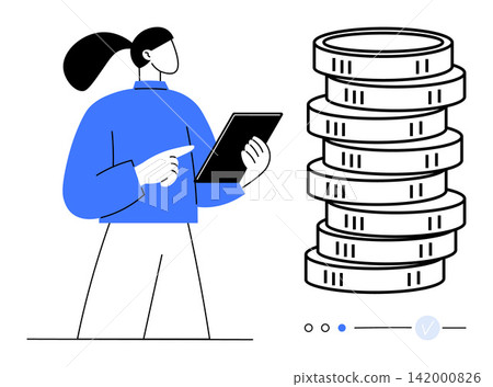 Financial planning, digital economy, technology, investments, wealth management, analysis. A woman with a tablet beside a coin stack. Financial planning and digital economy concept Financial planning, digital economy, technology, investments, wealth management, analysis. A woman with a tablet beside a coin stack. Financial planning and digital economy concept 142000826