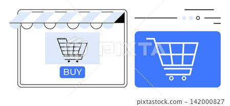 E-commerce, online purchasing, digital marketplace, web store, virtual shopping, retail business. Online storefront with cart icon and buy button. E-commerce and online purchasing concept E-commerce, online purchasing, digital marketplace, web store, virtual shopping, retail business. Online storefront with cart icon and buy button. E-commerce and online purchasing concept 142000827