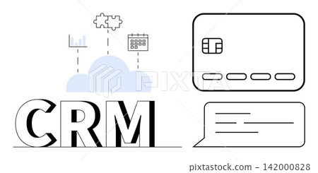 Customer relationship management, data analysis, business planning, cloud tools, payment systems, messaging. CRM with icons for cloud, credit card calendar graph and speech bubble. Customer 142000828