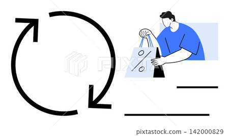 Shopping, e-commerce, customer loyalty, retail, sales optimization, marketing concepts. A man holding a shopping bag with a discount symbol next to a circular arrow icon. Shopping and e-commerce 142000829