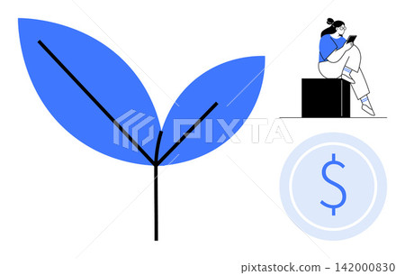 Sustainable growth, environmental conservation, financial literacy, digital economy, investment, modern finance. Blue leaf, person using a mobile dollar sign. Sustainable growth and financial Sustainable growth, environmental conservation, financial literacy, digital economy, investment, modern finance. Blue leaf, person using a mobile dollar sign. Sustainable growth and financial 142000830