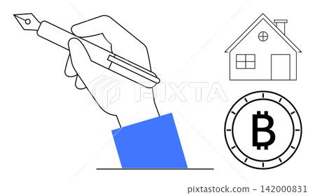 Financial transactions, real estate investment, digital currency, property ownership, blockchain, financial agreements. Hand holding pen, house Bitcoin symbol. Finance and real estate investment 142000831