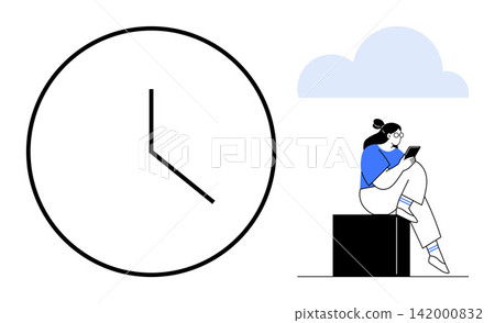 Productivity, time tracking, planning, work-life balance, digital tools, self-development. Large clock beside a woman sitting on a block using a tablet. Productivity and time tracking concept Productivity, time tracking, planning, work-life balance, digital tools, self-development. Large clock beside a woman sitting on a block using a tablet. Productivity and time tracking concept 142000832