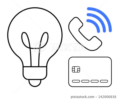 Innovation, digital payments, mobile communication, technology, financial services, creative solutions. Outlined light bulb, credit card and phone with signal icon. Innovation and digital payments Innovation, digital payments, mobile communication, technology, financial services, creative solutions. Outlined light bulb, credit card and phone with signal icon. Innovation and digital payments 142000838