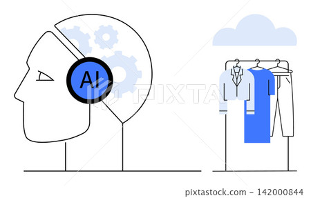 Artificial intelligence, fashion technology, cloud-based solutions, clothing selection, data-driven innovation, retail analytics. Side profile with AI gears clothing rack in a cloud concept. AI in Artificial intelligence, fashion technology, cloud-based solutions, clothing selection, data-driven innovation, retail analytics. Side profile with AI gears clothing rack in a cloud concept. AI in 142000844