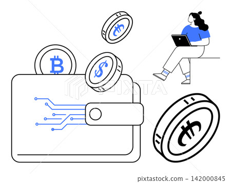 Financial technology, cryptocurrency, digital payments, blockchain, online wallets, investment strategies. Digital wallet with coins and woman working on a laptop. Financial technology Financial technology, cryptocurrency, digital payments, blockchain, online wallets, investment strategies. Digital wallet with coins and woman working on a laptop. Financial technology 142000845