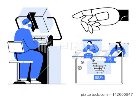 Online shopping, ecommerce trends, cashback systems, financial technology, consumer behavior, digital transactions. Person using computer, robotic hand managing transactions. Online shopping Online shopping, ecommerce trends, cashback systems, financial technology, consumer behavior, digital transactions. Person using computer, robotic hand managing transactions. Online shopping 142000847