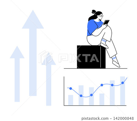 Business development, data analytics, financial performance, technology usage, market trends, personal strategy. Person checking data on a device with arrows and performance chart. Business 142000848