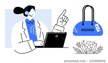 E-commerce, customer service, online sales, professionalism, branding, retail shopping. A woman wearing a headset working at a laptop pointing upward, a handbag with a price tag, and flowers on the E-commerce, customer service, online sales, professionalism, branding, retail shopping. A woman wearing a headset working at a laptop pointing upward, a handbag with a price tag, and flowers on the 142000849