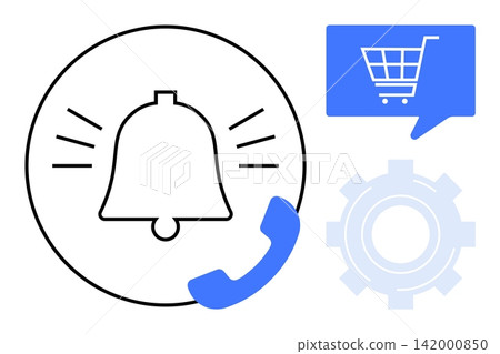 Alerts, e-commerce, notifications, digital communication, system settings, online shopping. Bell icon, shopping cart gear and phone symbols. Alerts and e-commerce system concept 142000850