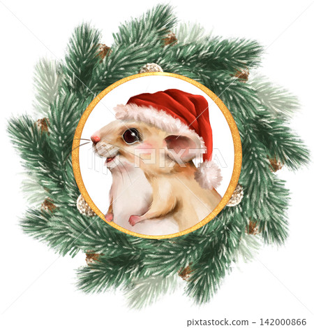 Hand-drawn Illustration of cute mouse in Santa hat, peeking from a Christmas wreath with pine branches, framed by a golden circle Hand-drawn Illustration of cute mouse in Santa hat, peeking from a Christmas wreath with pine branches, framed by a golden circle 142000866