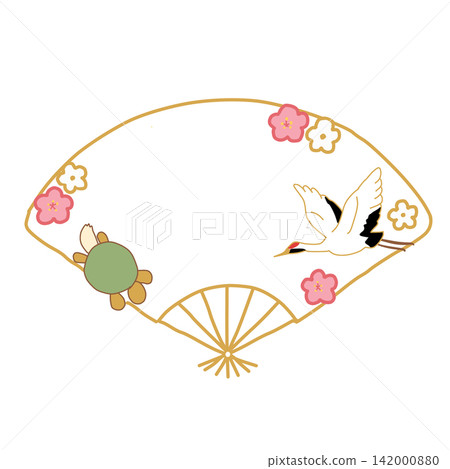 A golden fan-shaped frame adorned with cranes, turtles, and plum blossoms. A golden fan-shaped frame adorned with cranes, turtles, and plum blossoms. 142000880
