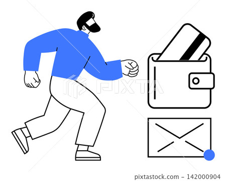 Data security, online banking, identity theft, digital payment, cybersecurity, personal safety. Person walking near wallet with credit card and envelope. Data security and online banking concepts Data security, online banking, identity theft, digital payment, cybersecurity, personal safety. Person walking near wallet with credit card and envelope. Data security and online banking concepts 142000904