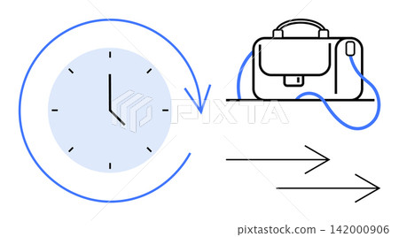 Time management, productivity, business travel, work-life balance, career efficiency, schedule planning. Clock with circular arrow and briefcase with directional arrows. Time management 142000906