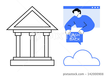 Financial services, cashback rewards, online banking, cloud storage, e-commerce, money management. Classical bank structure, person with cashback message and cloud icon. Cashback and financial Financial services, cashback rewards, online banking, cloud storage, e-commerce, money management. Classical bank structure, person with cashback message and cloud icon. Cashback and financial 142000908