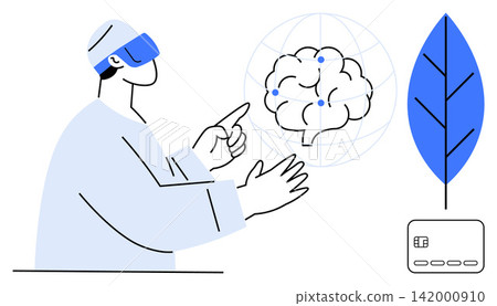 Artificial intelligence, virtual reality, digital transformation, innovation, sustainable energy, and smart payments. Person with VR headset points at a brain diagram and sustainable elements 142000910