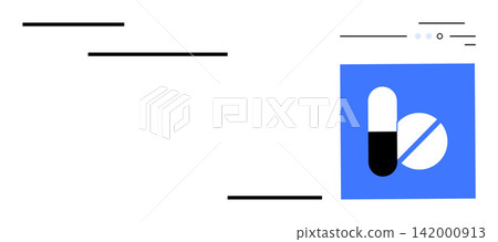 Healthcare, pharmacy, medication, drugstore, medicine, online health services. Pill and tablet icon in blue square. Healthcare and pharmacy concept digital platforms and medications Healthcare, pharmacy, medication, drugstore, medicine, online health services. Pill and tablet icon in blue square. Healthcare and pharmacy concept digital platforms and medications 142000913