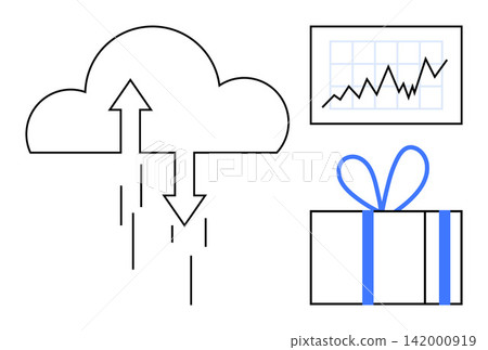 Technology, business growth, cloud services, data management, rewards, and digital solutions. A cloud with arrows, a growth chart and a gift box. Technology and business growth concept Technology, business growth, cloud services, data management, rewards, and digital solutions. A cloud with arrows, a growth chart and a gift box. Technology and business growth concept 142000919