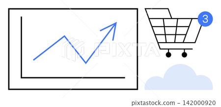 Business analytics, online retail, sales strategies, cloud solutions, ecommerce success, digital growth. Chart with arrow, cart with notification and cloud symbol. Online retail and business Business analytics, online retail, sales strategies, cloud solutions, ecommerce success, digital growth. Chart with arrow, cart with notification and cloud symbol. Online retail and business 142000920