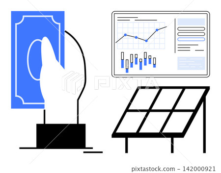 Renewable energy, finance, sustainability, technology, environmental planning, economic growth. A solar panel, financial graph and hand holding money. Renewable energy and finance concept Renewable energy, finance, sustainability, technology, environmental planning, economic growth. A solar panel, financial graph and hand holding money. Renewable energy and finance concept 142000921
