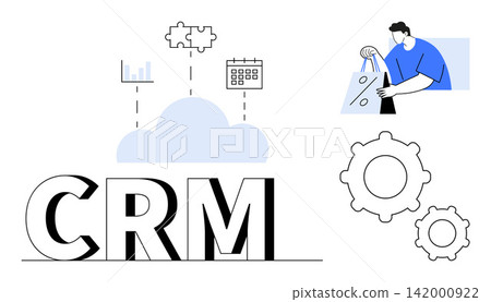 Cloud computing, customer management, business tools, e-commerce, data analysis, marketing strategy. CRM text with cloud, analytics icons gears and customer interaction. Cloud computing Cloud computing, customer management, business tools, e-commerce, data analysis, marketing strategy. CRM text with cloud, analytics icons gears and customer interaction. Cloud computing 142000922