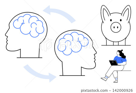 Knowledge sharing, brainstorming ideas, financial planning, intellectual property, savings, connectivity. Two brains, arrows piggy bank person with laptop. Knowledge sharing and financial planning Knowledge sharing, brainstorming ideas, financial planning, intellectual property, savings, connectivity. Two brains, arrows piggy bank person with laptop. Knowledge sharing and financial planning 142000926