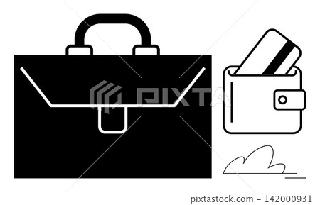 Financial planning, professional tools, commerce, business transactions, organization, financial independence. Black briefcase alongside wallet with credit card. Financial planning and professional 142000931