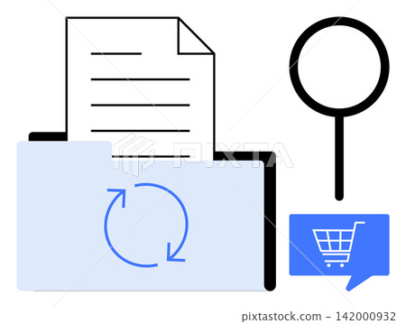 Data synchronization, e-commerce, cloud storage, digital organization, search tools, online shopping features. Folder with synced document, magnifier cart icon. s file management and e-commerce Data synchronization, e-commerce, cloud storage, digital organization, search tools, online shopping features. Folder with synced document, magnifier cart icon. s file management and e-commerce 142000932