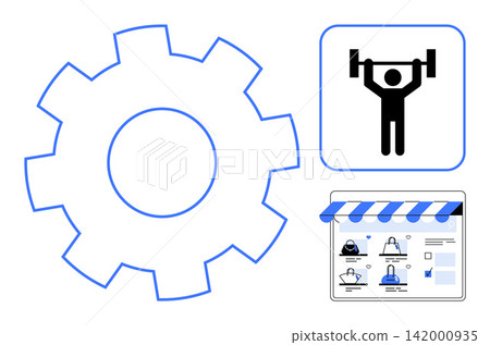 Technology, e-commerce, fitness management, business solutions, innovation, development. Gear icon, fitness symbol and online store interface. Technology and e-commerce combined in modern contexts Technology, e-commerce, fitness management, business solutions, innovation, development. Gear icon, fitness symbol and online store interface. Technology and e-commerce combined in modern contexts 142000935