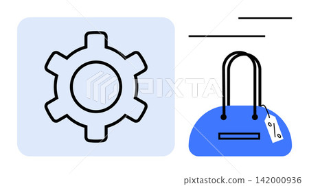 E-commerce, retail, technology, shopping, automation, business solutions. A gear icon alongside a blue handbag with a price tag. E-commerce and retail concepts highlighted E-commerce, retail, technology, shopping, automation, business solutions. A gear icon alongside a blue handbag with a price tag. E-commerce and retail concepts highlighted 142000936