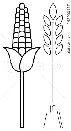 Agriculture, sustainability, food industry, consumer goods, shopping, farm-to-market concepts. Corn ear, wheat stalk and shopping bag in outline. Agriculture and sustainability concept Agriculture, sustainability, food industry, consumer goods, shopping, farm-to-market concepts. Corn ear, wheat stalk and shopping bag in outline. Agriculture and sustainability concept 142000957